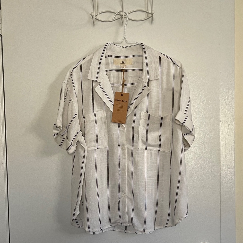 Thread & Supply Cream Button-Down Shirt with Navy Stripe